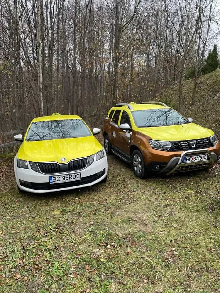 Flota de taxiuri Taxi ROC Onești — mașini galbene aliniate în centrul orașului